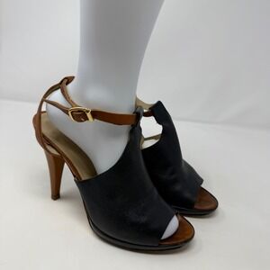 Hobbs London Black Tan Leather Peep Toe Ankle Strap Stiletto Heels Italy 38